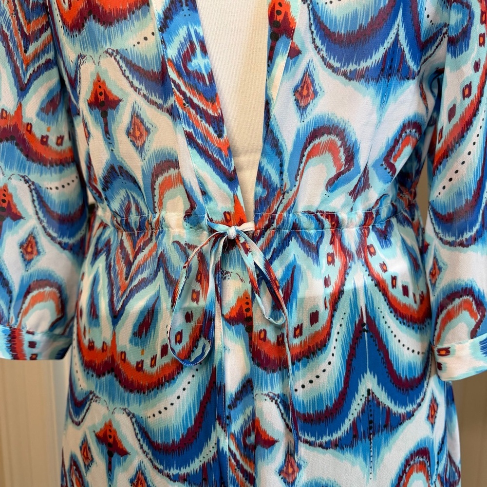 2/$30 bebe Vibrant Blue and Red Print Cardigan Kimono Cover-Up Beaded Detail - Picture 5 of 12